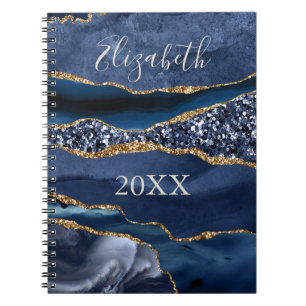 Carnet Marbre d'agate nom monogrammé bleu or paillettes