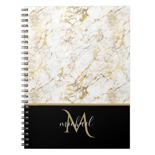 Carnet Marbre doré et blanc avec luxe de monogramme noir (Devant)