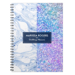 Carnet Marbre moderne coloré pailleté blanc et bleu