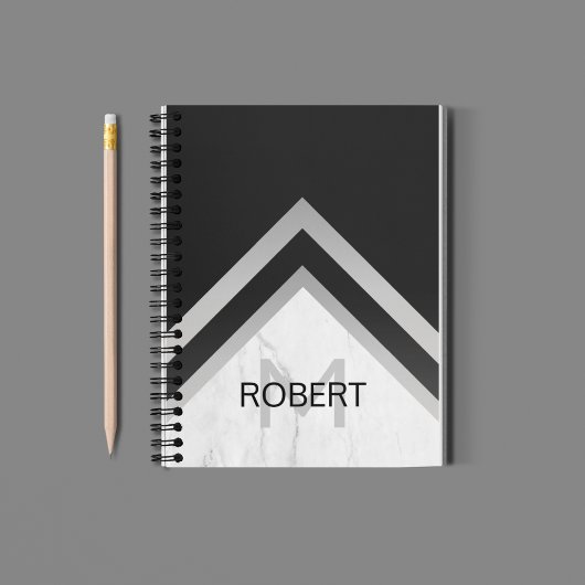 Carnet Marbre noir argent Chevron géométrique monogrammé