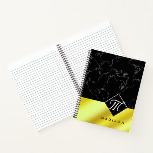 Carnet Marbre noir élégant et monogramme feuille d'or / l