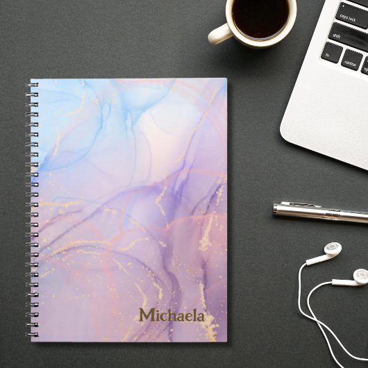 Carnet Marbre Rose Bleu Paillettes Dorées Nom