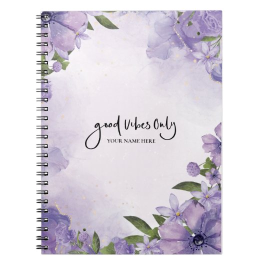 Carnet Marbre violet et fleurs violettes "Good Vibes uniq (Devant)