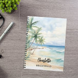 Carnet Mariage à la plage de Bridesmaid<br><div class="desc">Plage tropicale,  vagues et palmiers,  aquarelle. Personnalisez et ajoutez le nom de votre servante. Script de style manuscrit noir.</div>