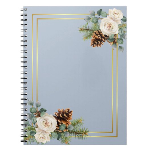 Carnet Mariage d'hiver Roses blanches Or Dusty Bleu (Devant)