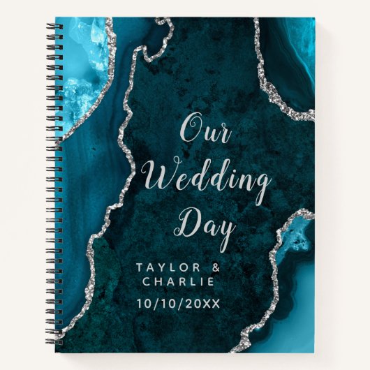 Carnet Mariage en marbre bleu turquoise et gris argenté (Devant)