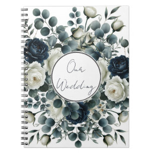Carnet Mariage Fleurie Moderne Bleu Foncé & Blanc