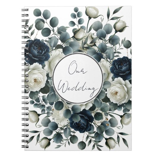 Carnet Mariage Fleurie Moderne Bleu Foncé & Blanc (Devant)