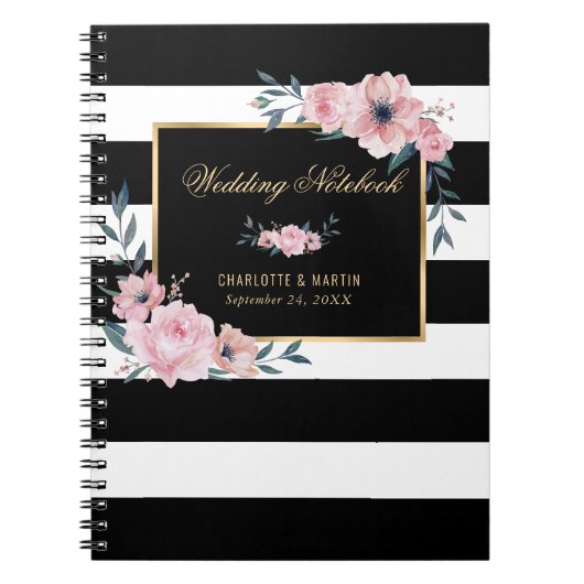 Carnet Mariage floral noir et blanc or rose (Devant)