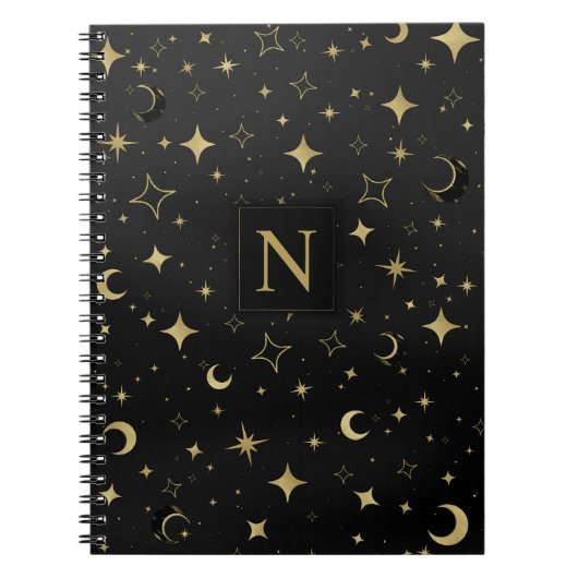 Carnet Mariage Moderne Céleste Lune Étoiles Noir & Or (Devant)
