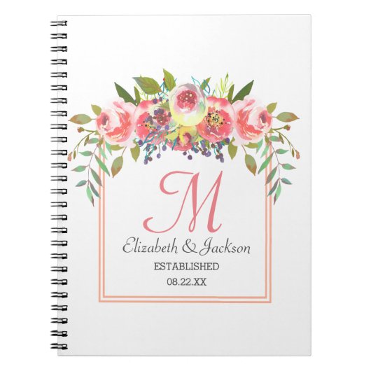 Carnet Mariage Monogramme Peach Aquarelle Florale Wreath (Devant)