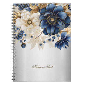 Carnet Marine Bleu Blanc Golden Flowers Argent