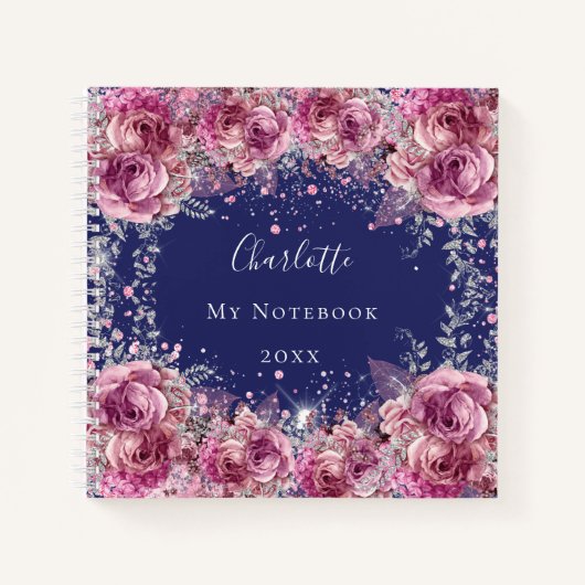Carnet Marine bleu rose floral nom parties scintillant él (Devant)
