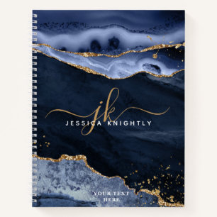 Carnet Marine Blue Agate Geode Gold Script Monogramme