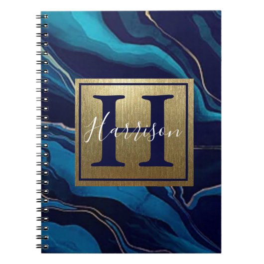 Carnet Marine Blue Agate Marbre Gold Nom et Monogramme (Devant)