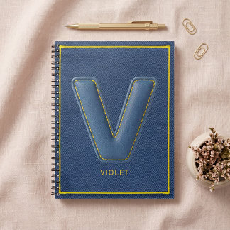 Carnet Marine Denim Jaune Couture Fausse Cuir V Initiale
