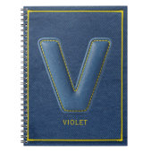 Carnet Marine Denim Jaune Couture Fausse Cuir V Initiale (Devant)