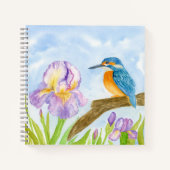 Carnet Martin-pêcheur à l'aquarelle avec iris violets (Devant)