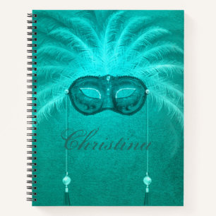 Carnet Masque en plumes masqué art déco blanc turquoise