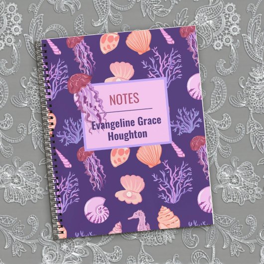 Carnet Méduse océanique et coquillages violets