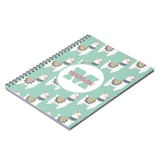 Carnet Mélange Blanc Llamas Mint Vert Monogramme Nom init (Côté gauche)