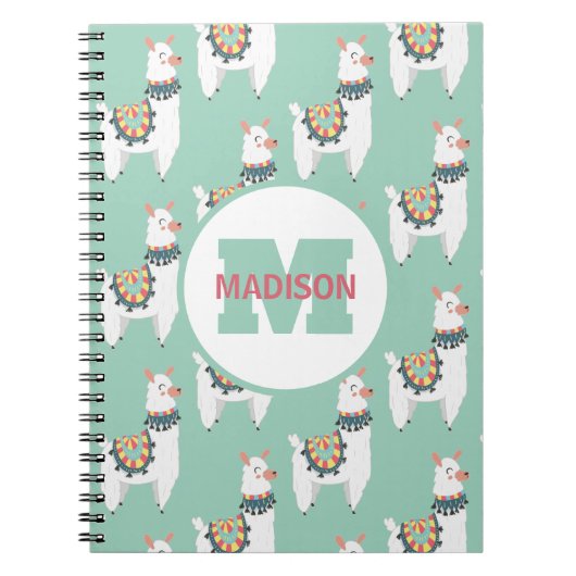 Carnet Mélange Blanc Llamas Mint Vert Monogramme Nom init (Devant)