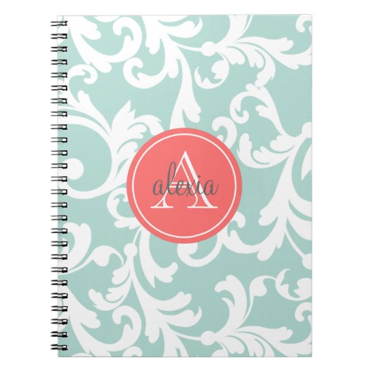 Carnet Menthe et copie décorée d'un monogramme de corail (Devant)