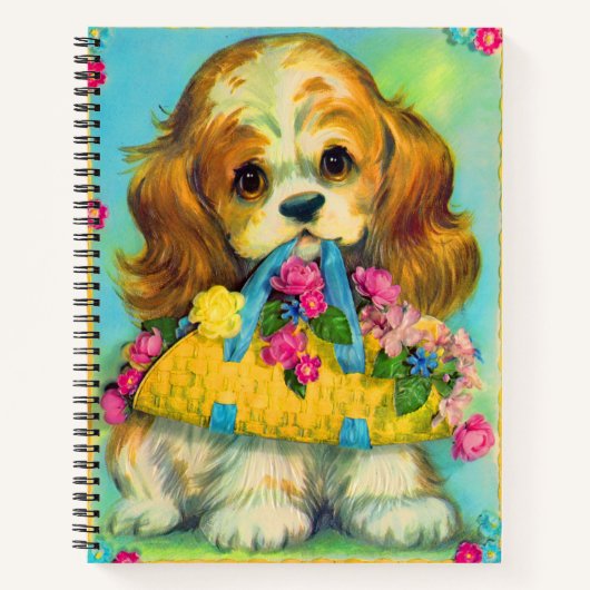 Carnet mignon chiot tenant panier de fleurs (Devant)
