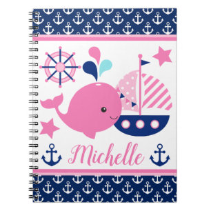 Carnet Mignon motif baleine rose et ancres nautiques