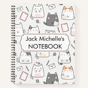 Carnet Mignon motif de chat Kawaii en blanc, rose et gris