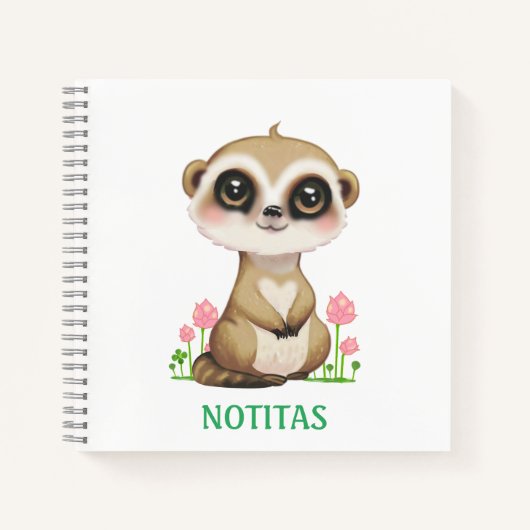Carnet Mignon suricate et fleurs sur fond blanc (Devant)