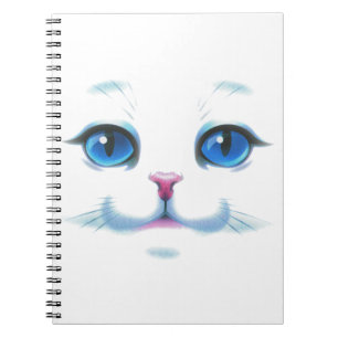 Carnet Mignonne Blanc Chat Bleu yeux visage