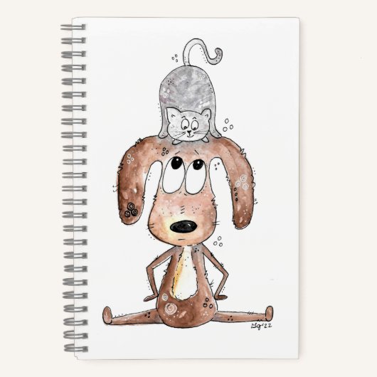 Carnet Mignonne chien Whimsical avec chat sur sa tête (Recto)