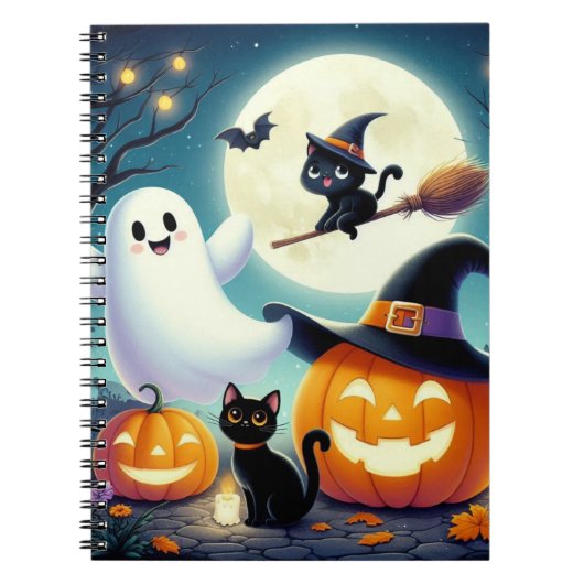Carnet Mignonne, citrouille d'Halloween, chat & fantôme (Devant)