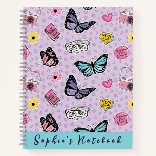 Carnet Mignonne fille rose Aquarelle Papillons Motif (Devant)