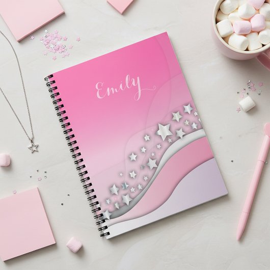 Carnet Mignonne Girly Dreamy Stars en argent sur Blush Pi