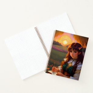 Carnet Mignonne Sad Anime Style Femme dans le pré au couc