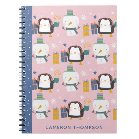 Carnet Mignons manchots d'hiver bonhomme de neige rose pe (Devant)