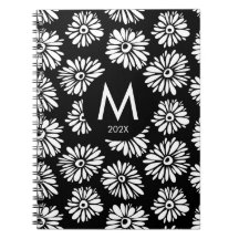 Minimalist Groovy Black and White Daisy Monogram