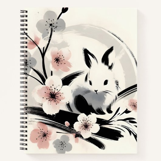 Carnet Minimalist Zen Ink Bunny Cherry Blossoms (Devant)