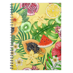 Carnet Mix-fruit tropical, fleurs et feuilles sur jaune