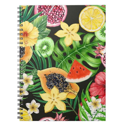 Carnet Mix-fruits tropicaux, fleurs et feuilles en noir (Devant)