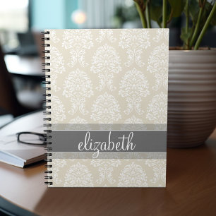 Carnet Modèle de Damas Vintage gris et lin avec nom