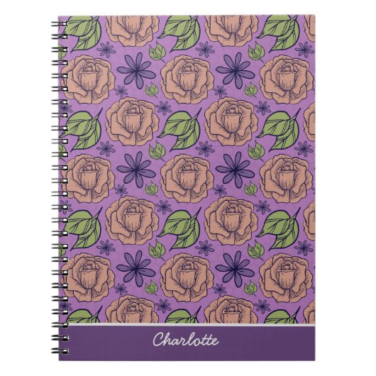 Carnet Modèle fleuri violet grande fleur avec nom (Devant)