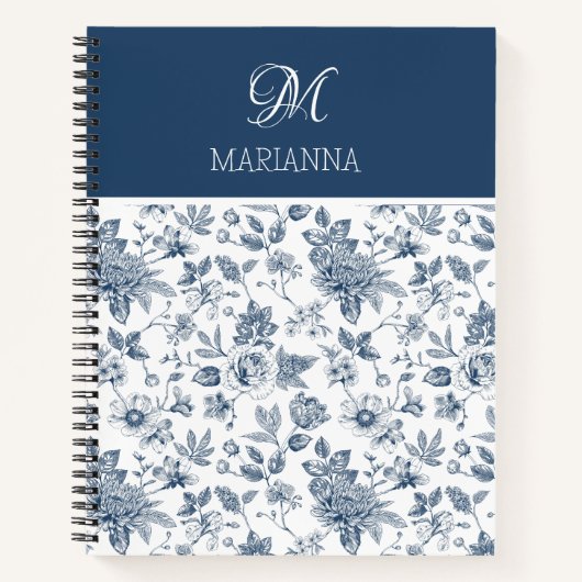 Carnet Modèle Floral bleu et nom Personnalisé (Devant)