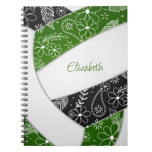 Carnet modèle floral doodé vert noir volleyball boho noir (Devant)