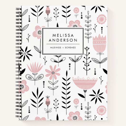 Carnet Modèle floral scandinave noir et rose (Devant)