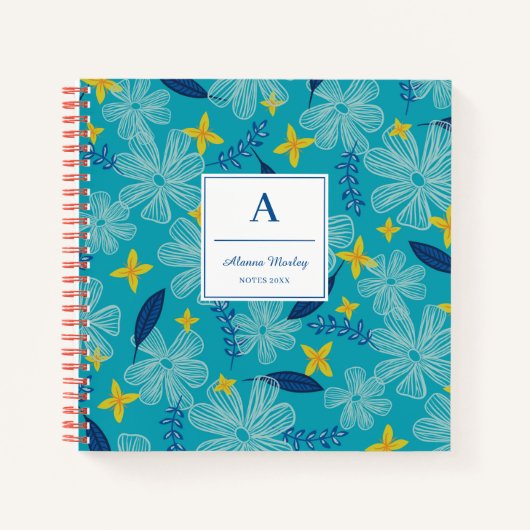Carnet Modèle floral tropicale turquoise - Monogramme (Devant)