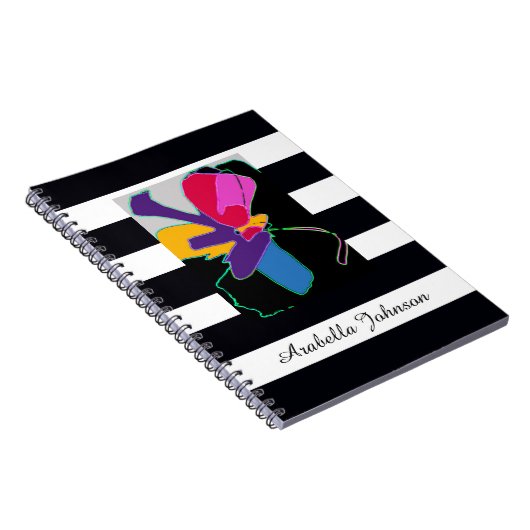 Carnet  Modern Abstract Art + Custom Name Chic B&W Stripe (Côté Droit)