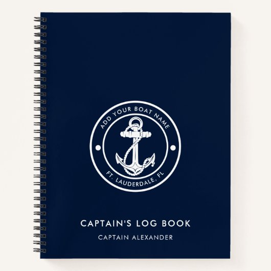 Carnet Modern Anchor Boat Name Navy Blue Captains Log (Devant)